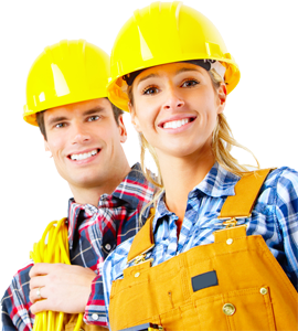 A man and woman wearing hard hats posing for the camera.